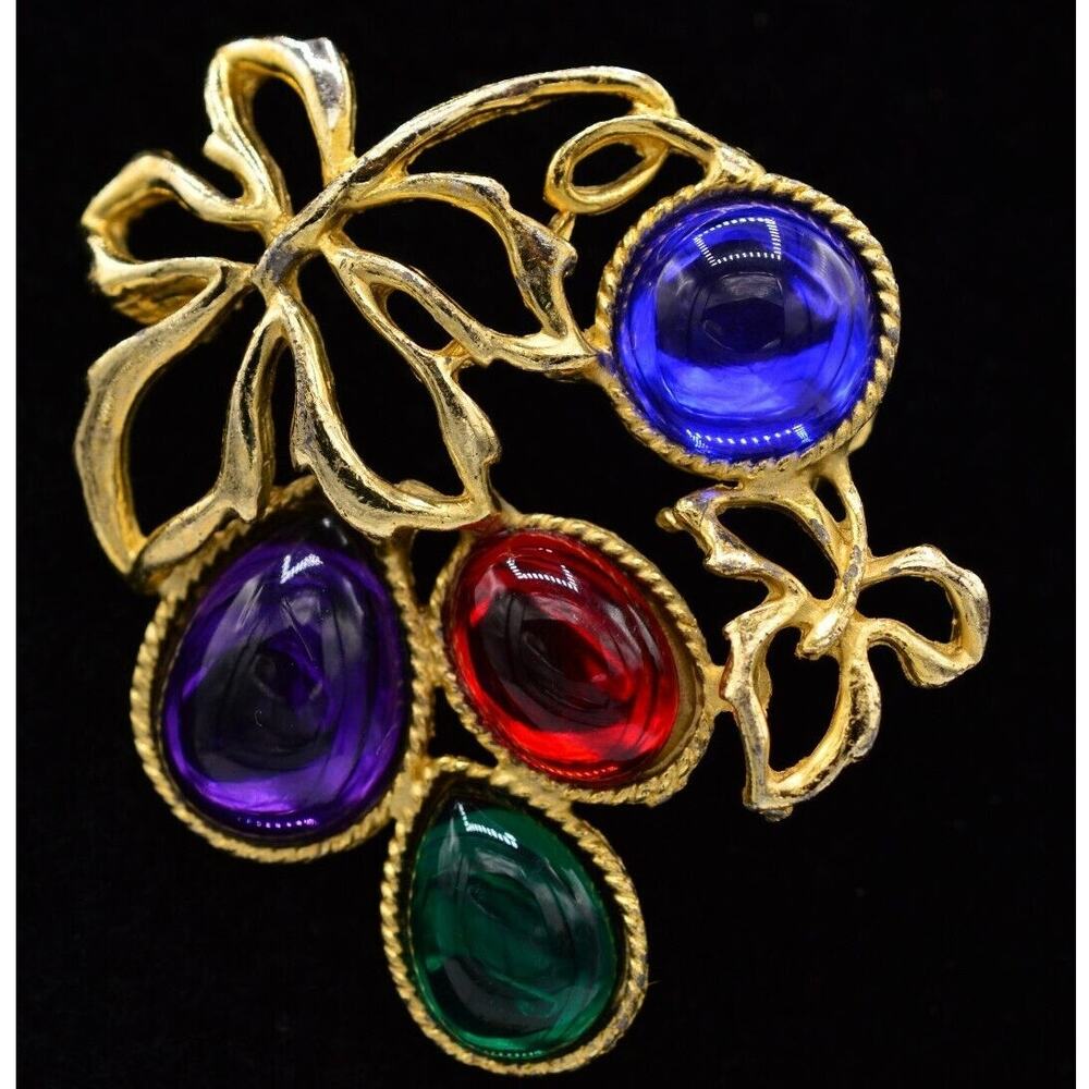 Vintage Cabochon Pin Floral Leaf Brooch Multi-Color Jelly Belly Gold 1980s BinAC